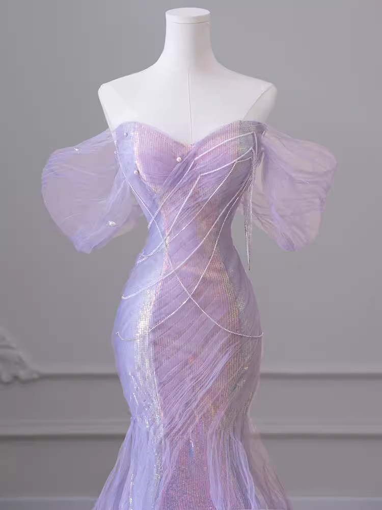 Sexy Mermaid Off The Shoulder Light Lilac Long Prom Dresses Tulle Birthday Outfits