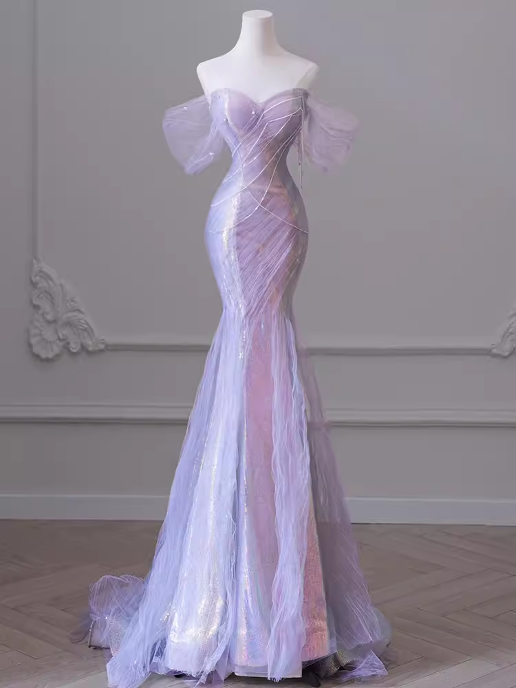 Sexy Mermaid Off The Shoulder Light Lilac Long Prom Dresses Tulle Birthday Outfits
