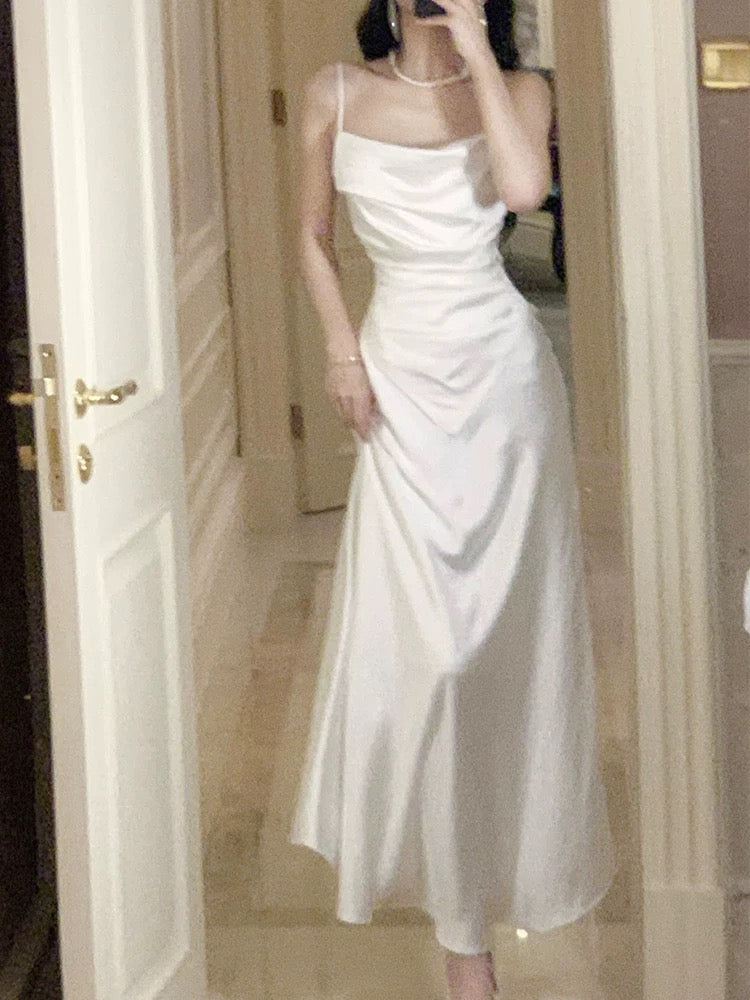 Modest Sheath Spaghetti Straps White Long Prom Dresses Sexy Evening Dress