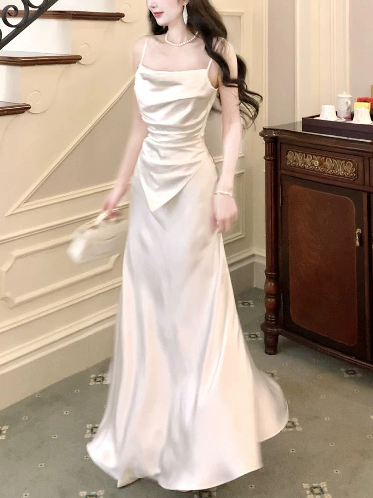 Modest Sheath Spaghetti Straps White Long Prom Dresses Sexy Evening Dress