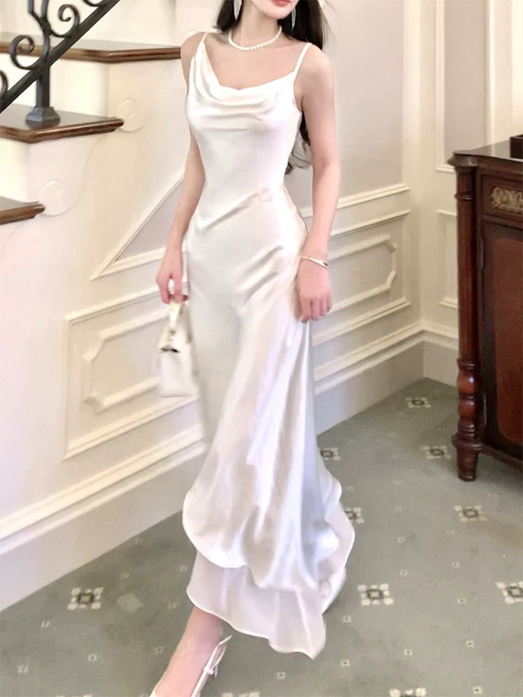 Vintage Sheath Spaghetti Straps Ivory Long Prom Dresses