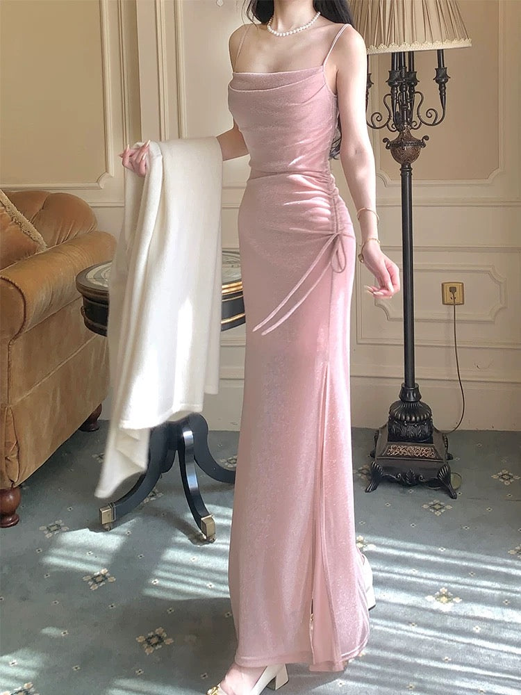 Pretty Mermaid Spaghetti Straps Sequin Pink Slit Long Prom Dresses