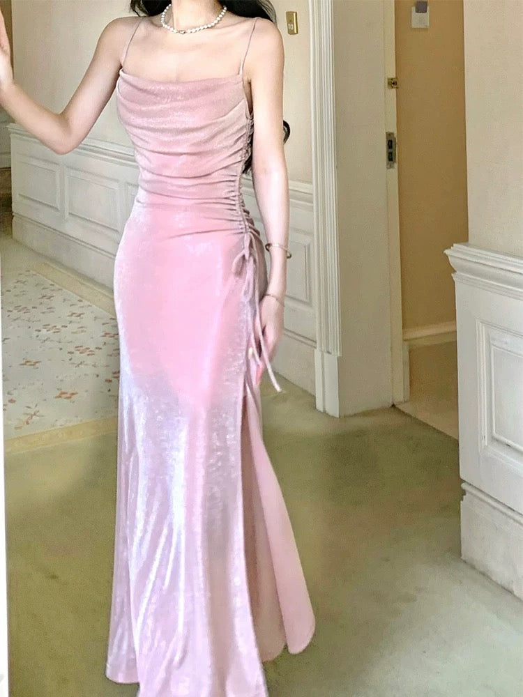 Pretty Mermaid Spaghetti Straps Sequin Pink Slit Long Prom Dresses