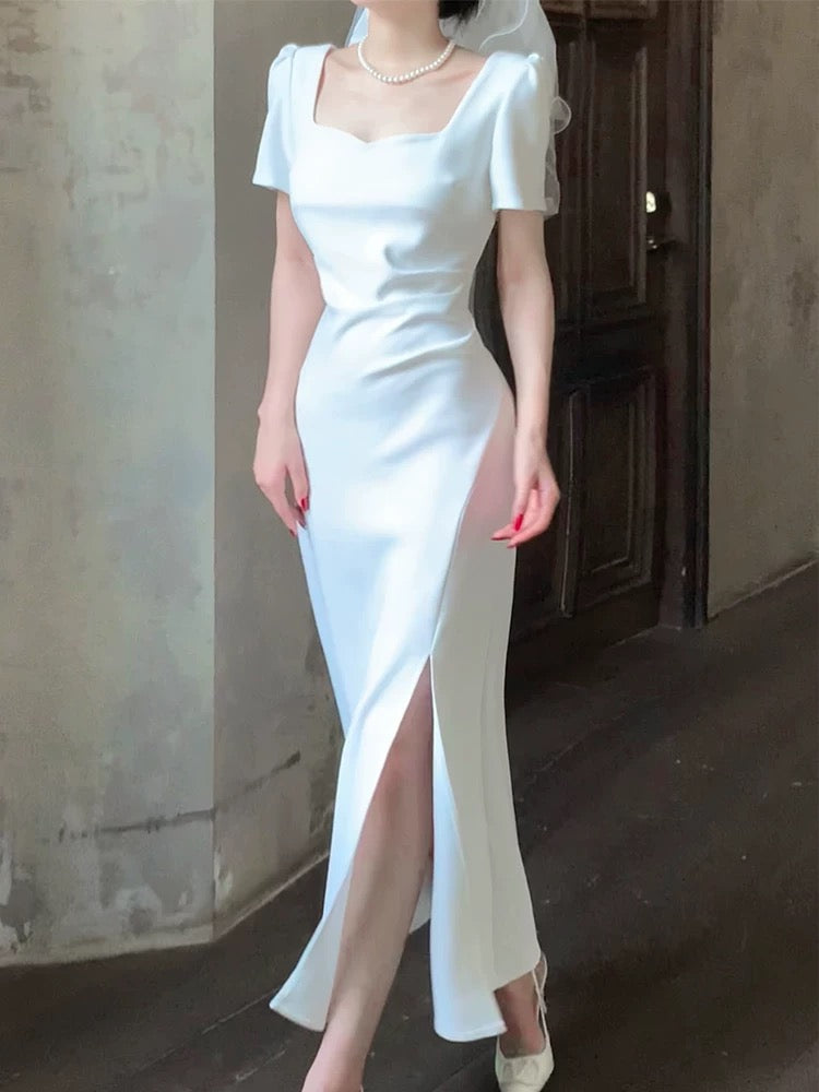 Pretty Mermaid Sweetheart White Satin Slit Long Prom Dresses
