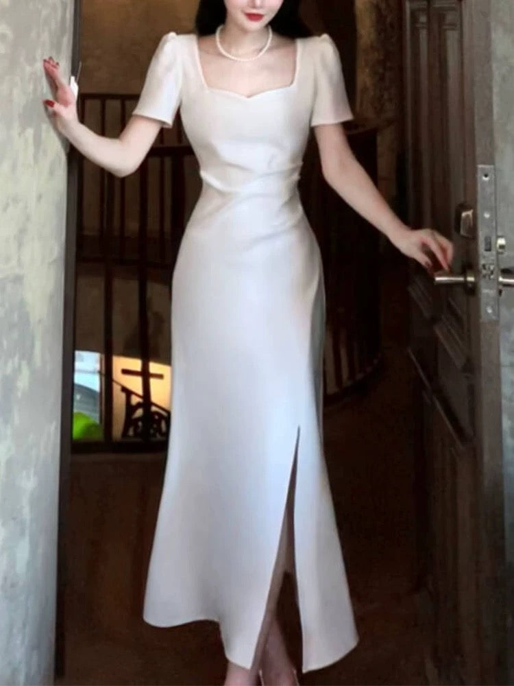 Pretty Mermaid Sweetheart White Satin Slit Long Prom Dresses