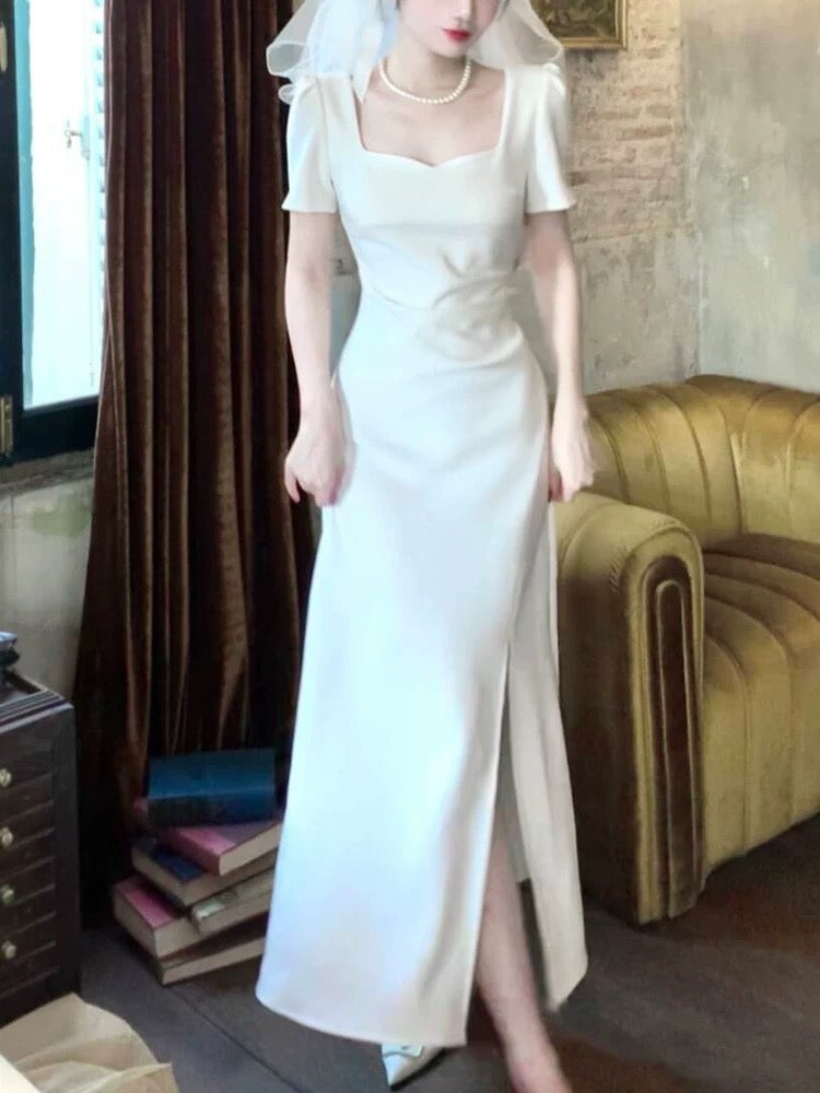 Pretty Mermaid Sweetheart White Satin Slit Long Prom Dresses