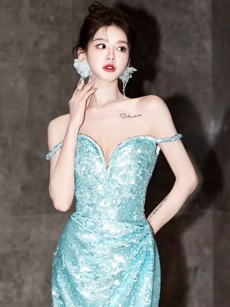 Sexy Mermaid Off The Shoulder Green Long Prom Dresses Sequin Birthday Outfits
