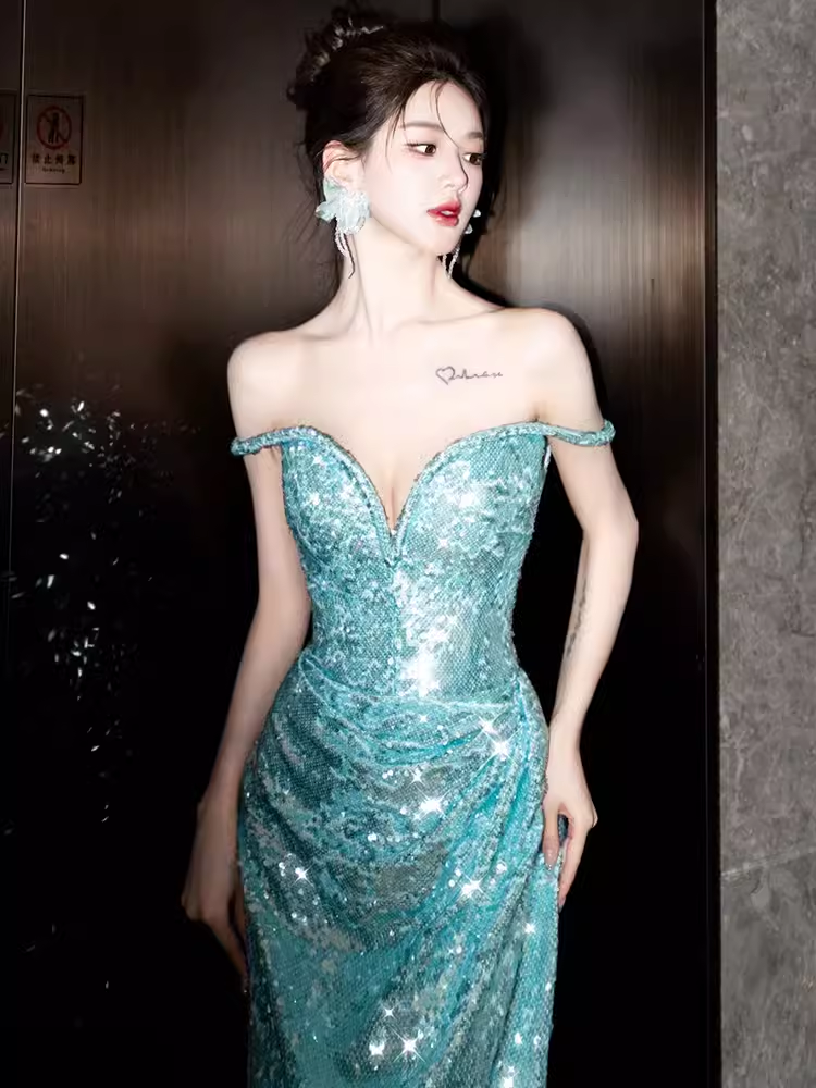 Sexy Mermaid Off The Shoulder Green Long Prom Dresses Sequin Birthday Outfits