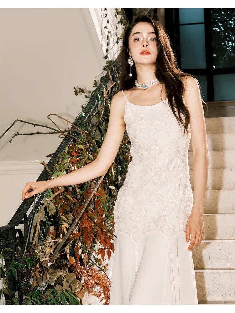 Pretty Mermaid Spaghetti Straps White Floral Lace Long Prom Dresses
