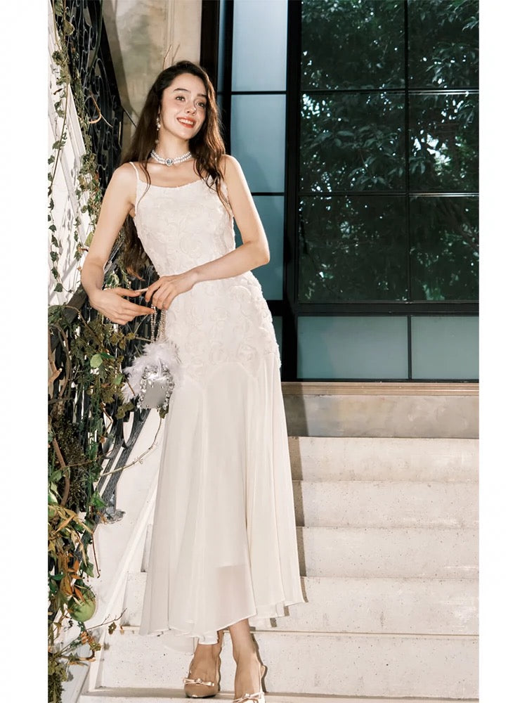 Pretty Mermaid Spaghetti Straps White Floral Lace Long Prom Dresses