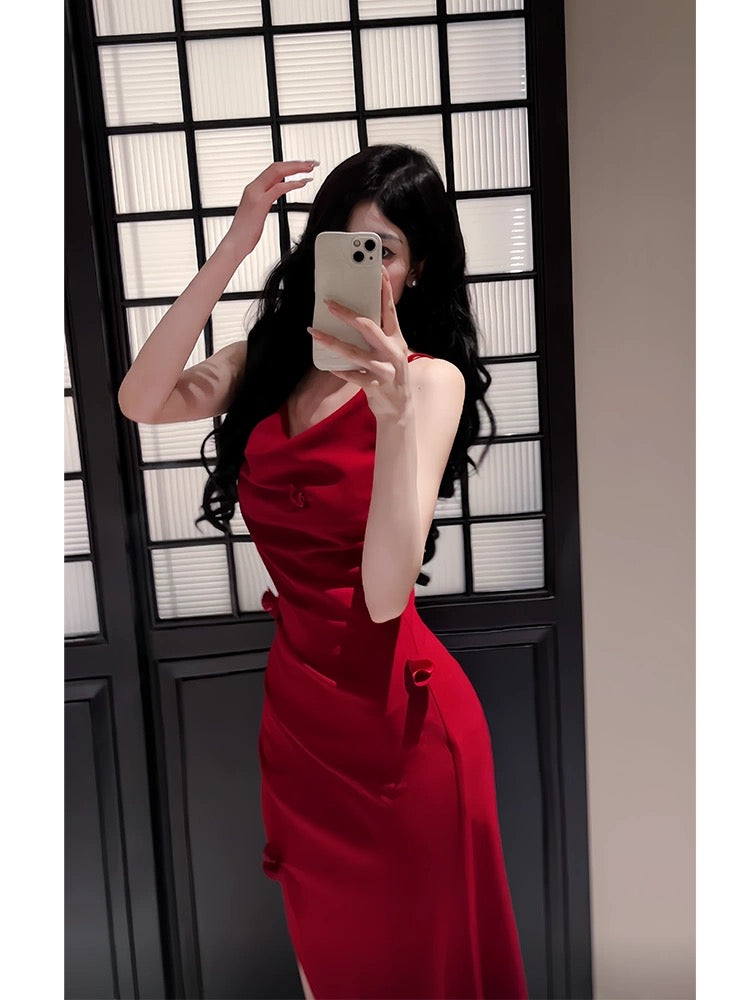 Pretty Mermaid Spaghetti Straps Burgundy Satin Slit Long Prom Dresses