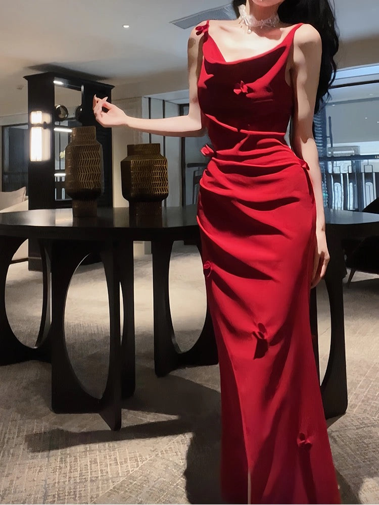 Pretty Mermaid Spaghetti Straps Burgundy Satin Slit Long Prom Dresses