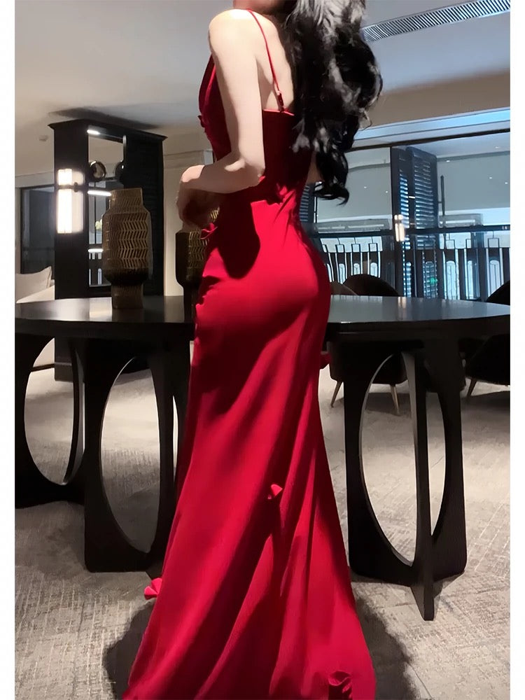 Pretty Mermaid Spaghetti Straps Burgundy Satin Slit Long Prom Dresses
