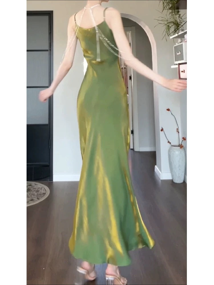 Pretty Sheath Spaghetti Straps Green Long Prom Dresses