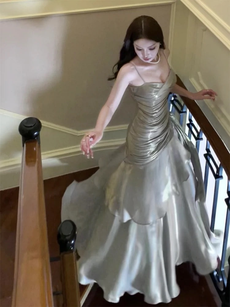 Pretty Sheath Spaghetti Straps Satin Long Prom Dresses