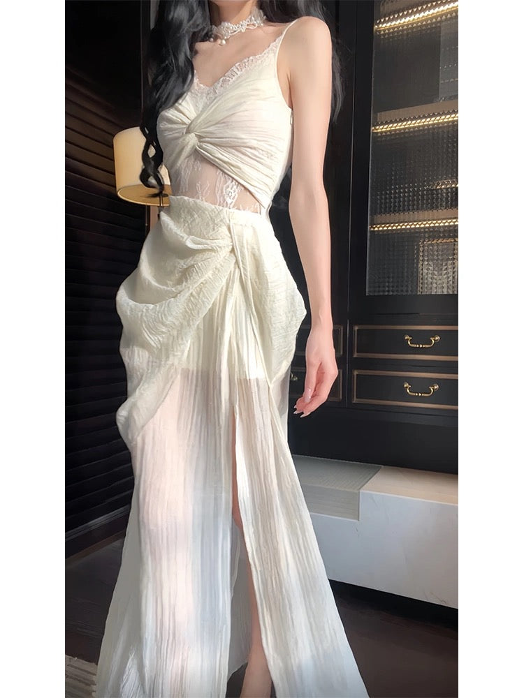 Pretty Sheath Spaghetti Straps Slit Ivory Long Prom Dresses