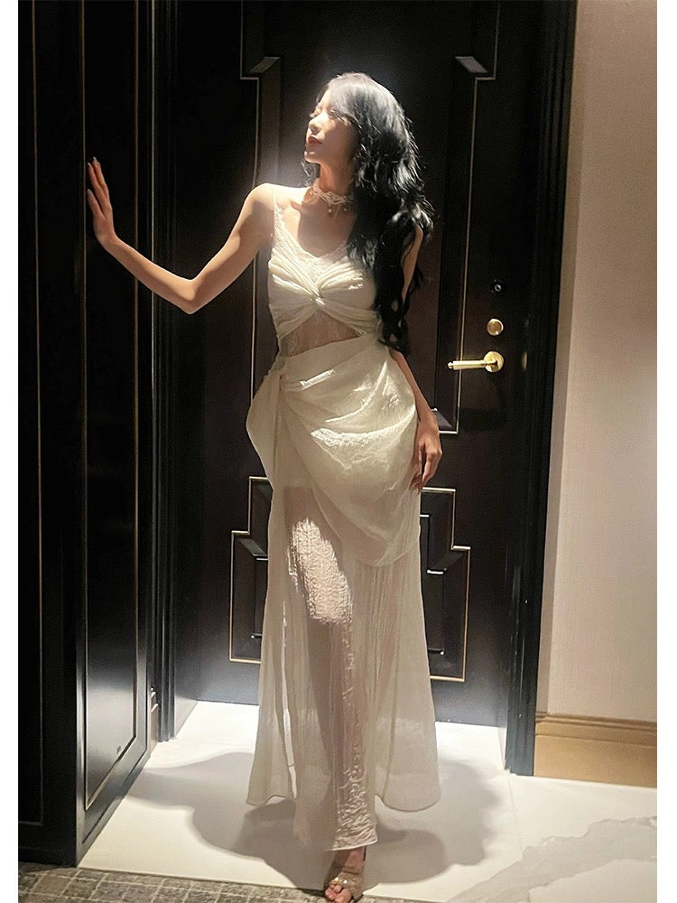 Pretty Sheath Spaghetti Straps Slit Ivory Long Prom Dresses