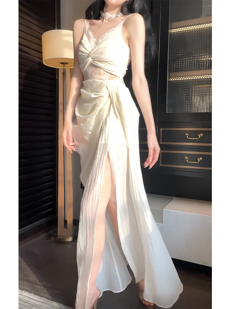 Pretty Sheath Spaghetti Straps Slit Ivory Long Prom Dresses