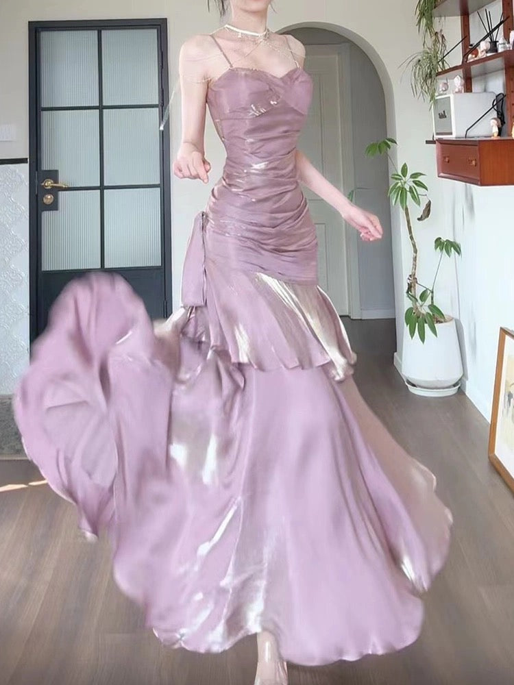 Pretty Sheath Spaghetti Straps Lilac Ruffles Long Prom Dresses