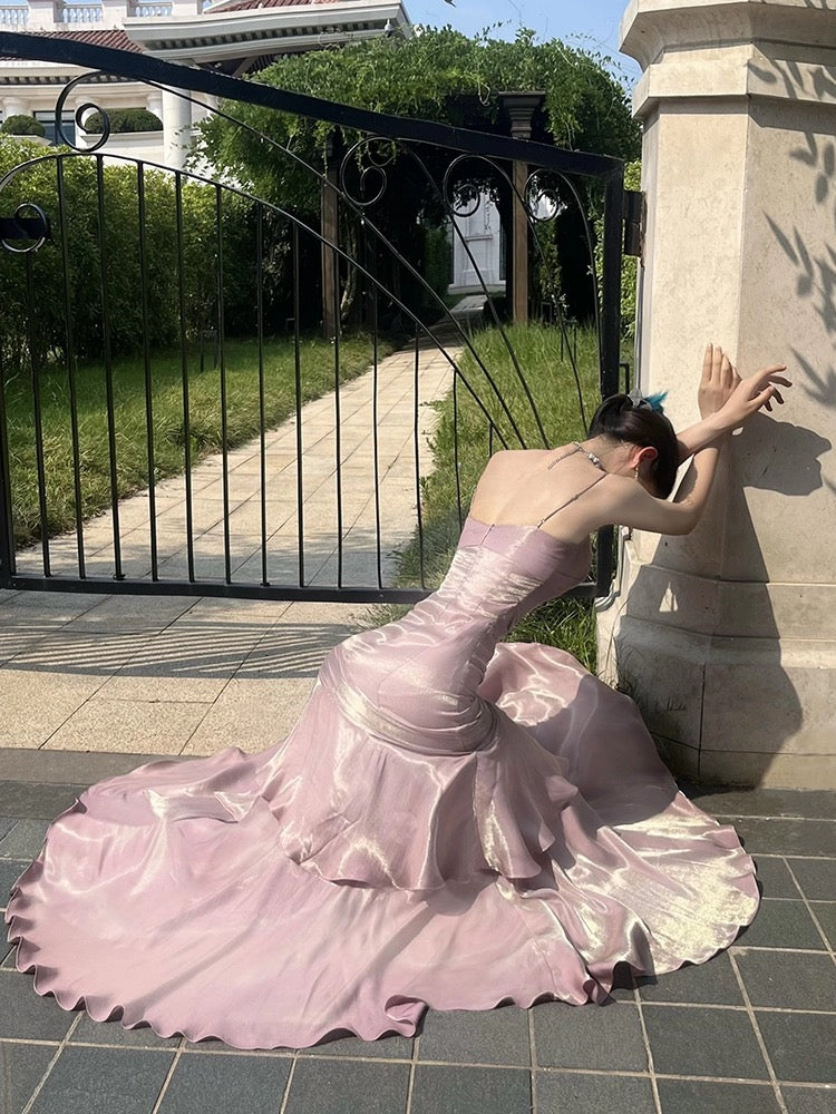 Pretty Sheath Spaghetti Straps Lilac Ruffles Long Prom Dresses