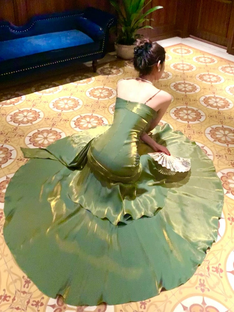 Pretty Sheath Spaghetti Straps Green Ruffles Long Prom Dresses