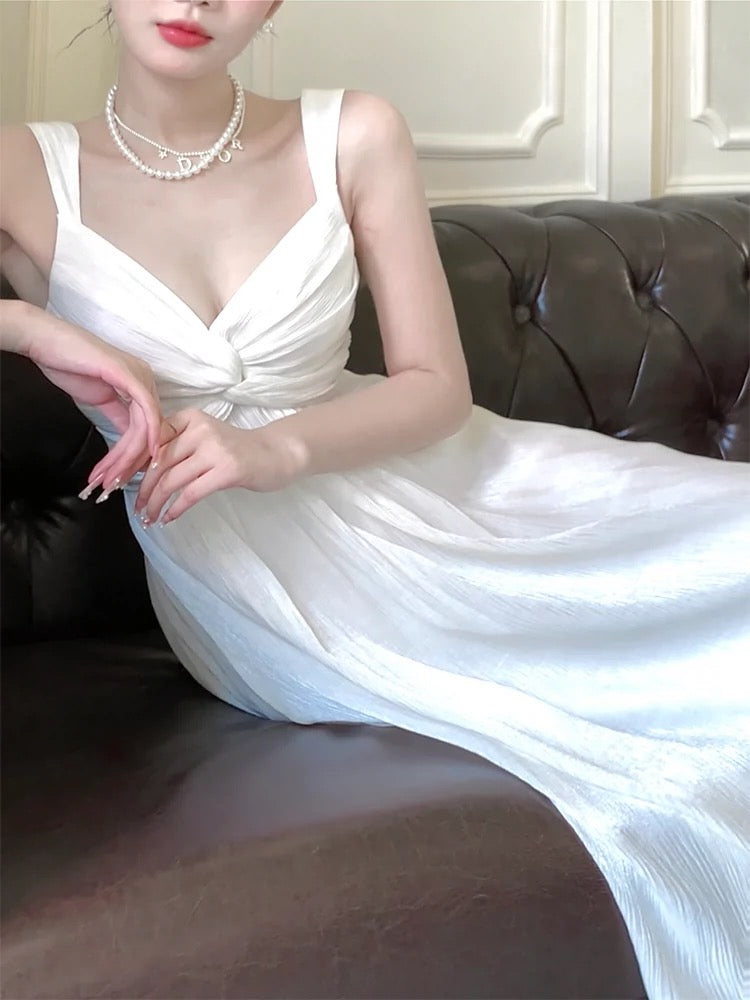 Sexy A line Straps Sleeveless White Chiffon Long Prom Dresses