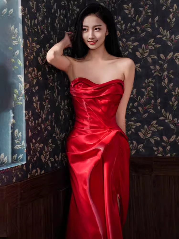 Sexy Mermaid Sweetheart Satin Long Prom Dresses Red Slit Birthday Outfits