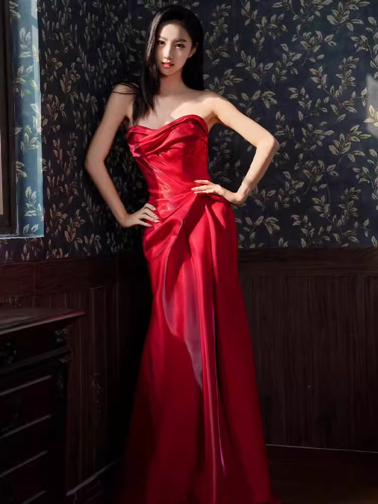 Sexy Mermaid Sweetheart Satin Long Prom Dresses Red Slit Birthday Outfits