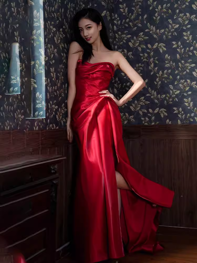 Sexy Mermaid Sweetheart Satin Long Prom Dresses Red Slit Birthday Outfits