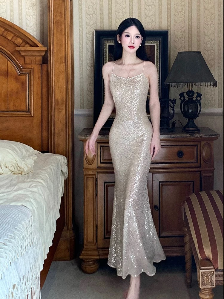 Pretty Sheath Halter Sequin Long Prom Dresses Sexy Evening Dress