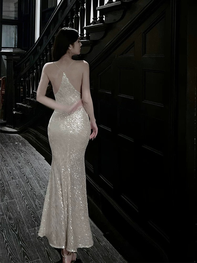 Pretty Sheath Halter Sequin Long Prom Dresses Sexy Evening Dress