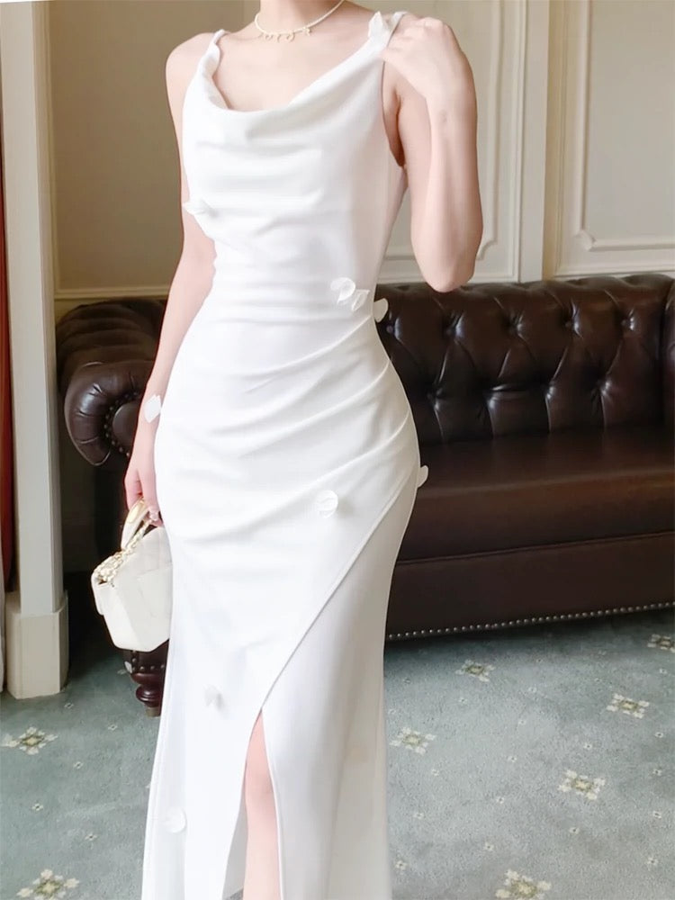 Pretty Mermaid Straps White Slit Long Prom Dresses Evening Dress