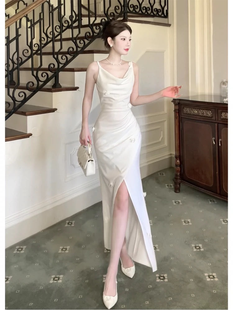 Pretty Mermaid Straps White Slit Long Prom Dresses Evening Dress