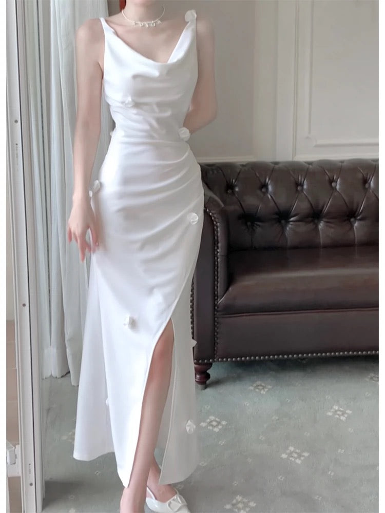Pretty Mermaid Straps White Slit Long Prom Dresses Evening Dress