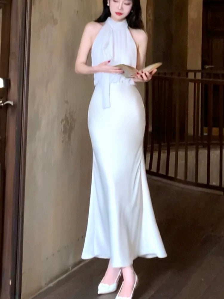 Pretty Mermaid Halter Sleeveless White Chiffon Long Prom Dresses Evening Dress