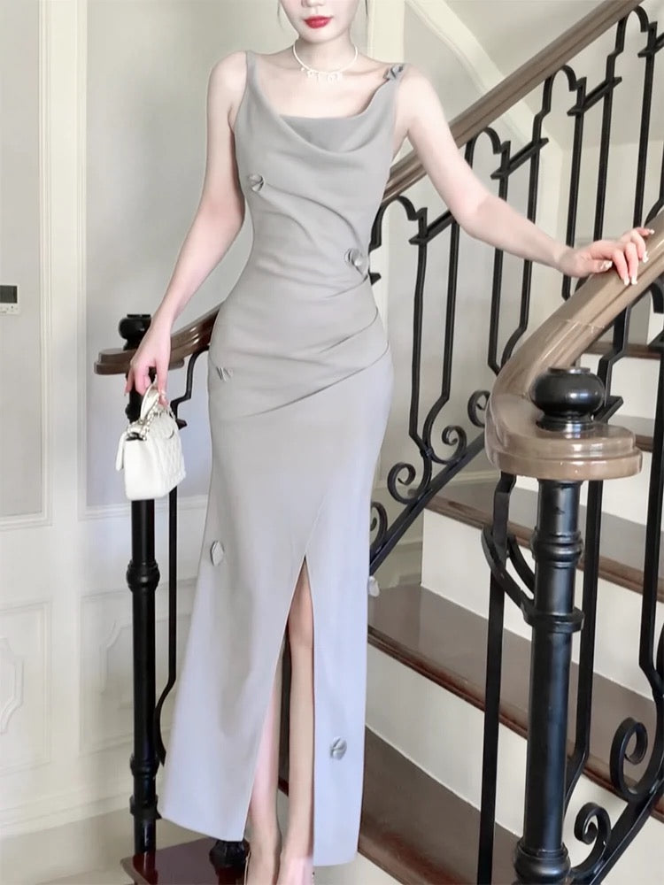 Pretty Mermaid Straps Gray Satin Slit Long Prom Dresses Evening Dress