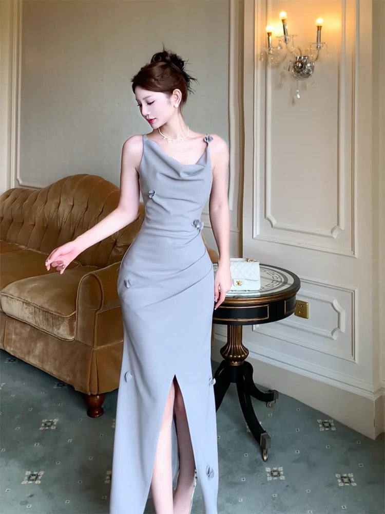 Pretty Mermaid Straps Gray Satin Slit Long Prom Dresses Evening Dress