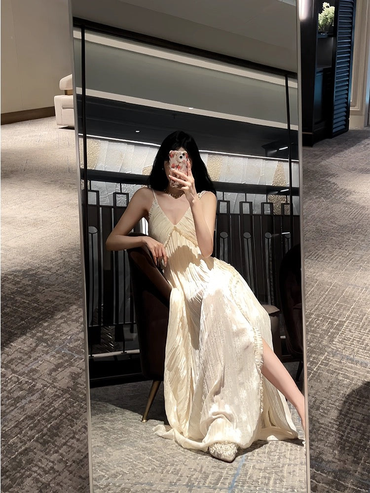 Sexy A Line Spaghetti Straps Chiffon Floor Length Slit Prom Dresses Evening Dress