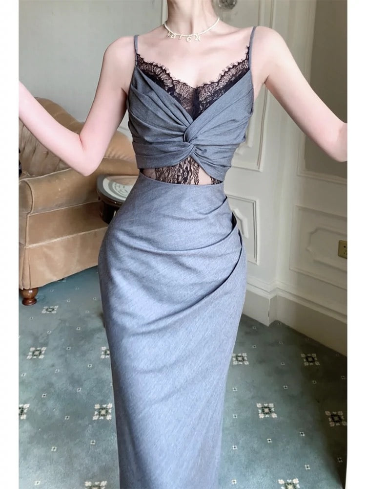 Sexy Sheath Spaghetti Straps Gray Long Length Prom Dresses Evening Dress