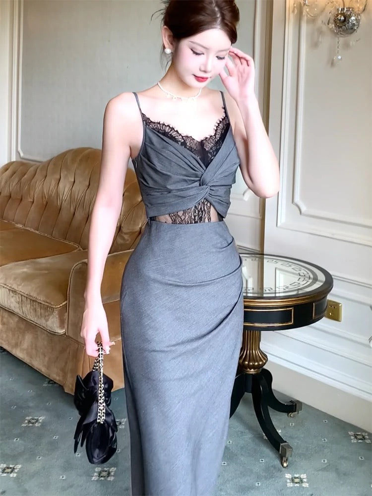 Sexy Sheath Spaghetti Straps Gray Long Length Prom Dresses Evening Dress