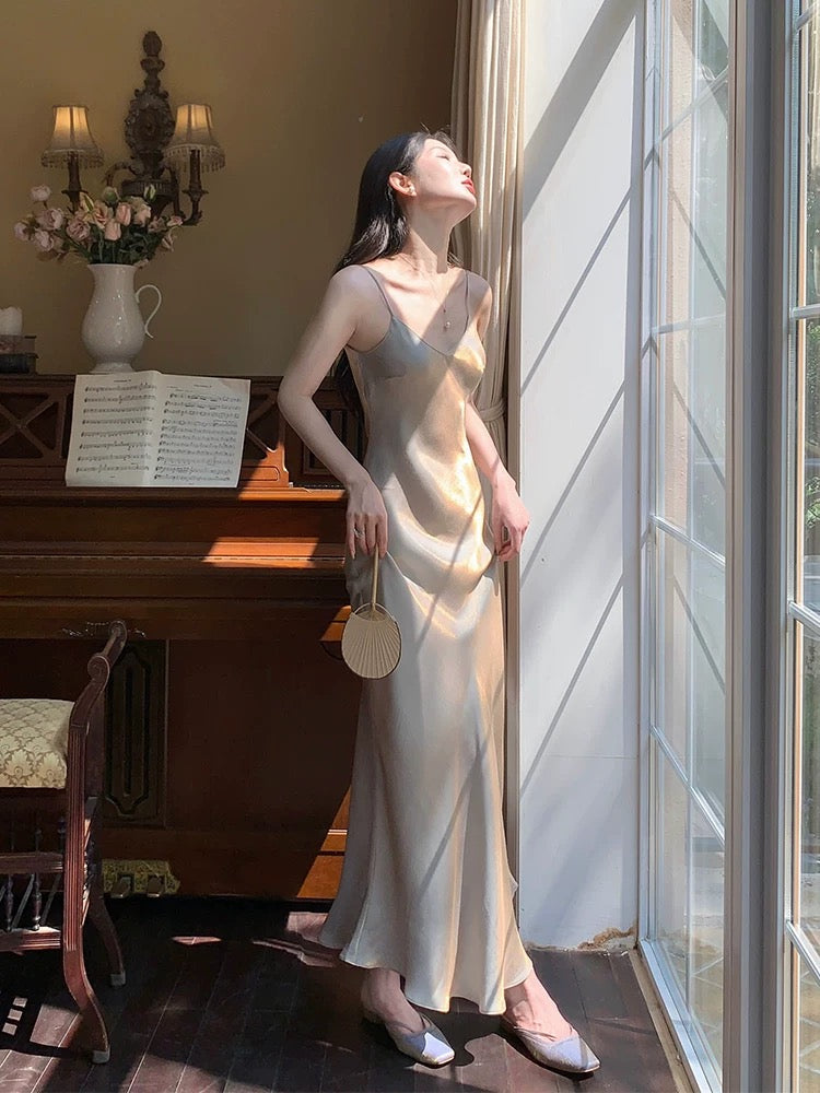 Sexy Sheath Spaghetti Straps Champagne Ankle Length Prom Dresses Evening Dress