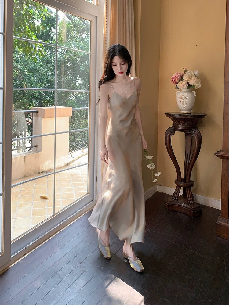 Sexy Sheath Spaghetti Straps Champagne Ankle Length Prom Dresses Evening Dress