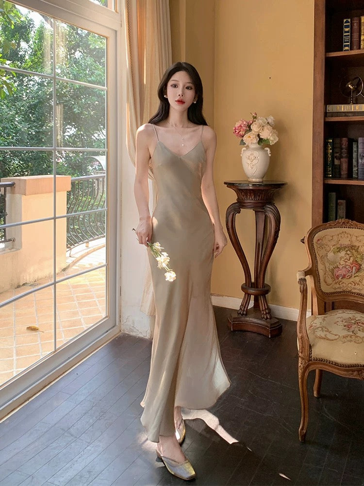 Sexy Sheath Spaghetti Straps Champagne Ankle Length Prom Dresses Evening Dress