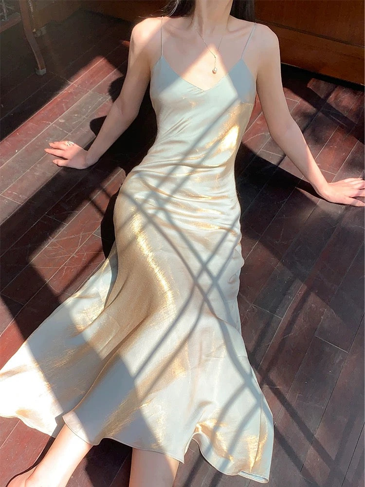 Sexy Sheath Spaghetti Straps Champagne Ankle Length Prom Dresses Evening Dress