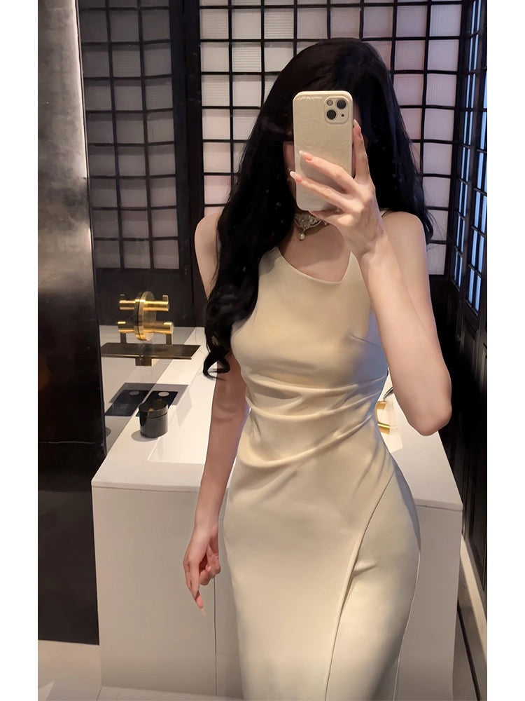 Sexy Sheath Ivory Satin Slit Ankle Length Prom Dresses Evening Dress