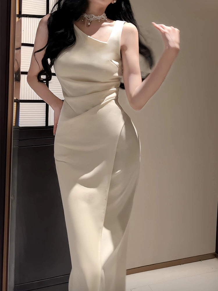 Sexy Sheath Ivory Satin Slit Ankle Length Prom Dresses Evening Dress