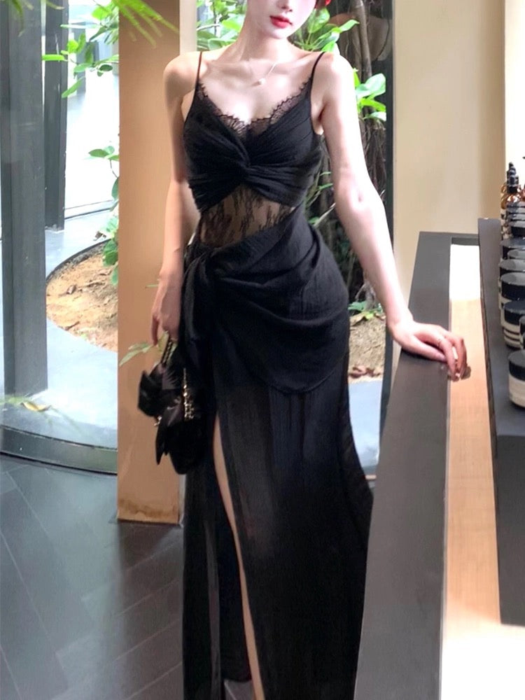 Pretty Sheath Spaghetti Straps Black Ankle Length Prom Dresses Evening Dress