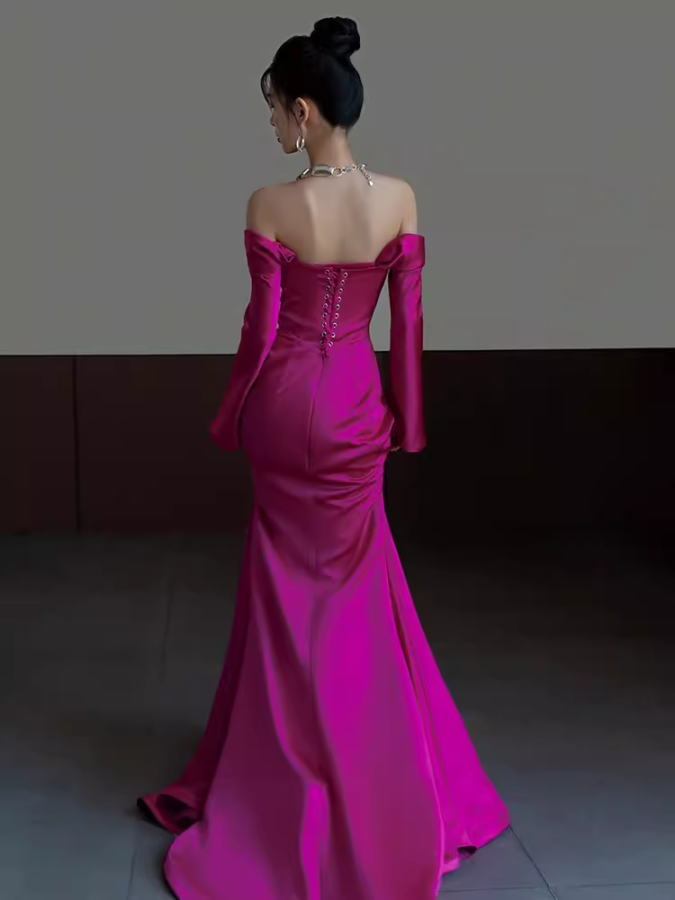 Sexy Mermaid Off The Shoulder Hot Pink Long Sleeves Prom Dresses Satin Birthday Outfits