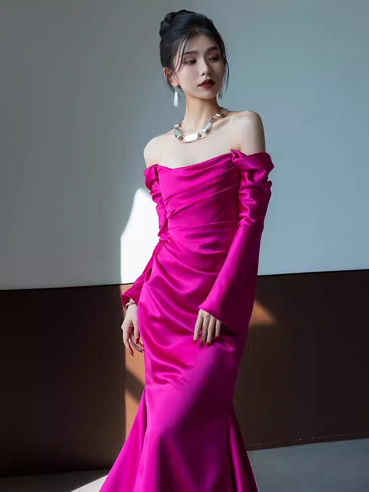Sexy Mermaid Off The Shoulder Hot Pink Long Sleeves Prom Dresses Satin Birthday Outfits