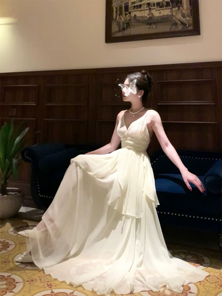 Classy A Line Spaghetti Straps Ivory Long Prom Dresses Evening Dress With Layers
